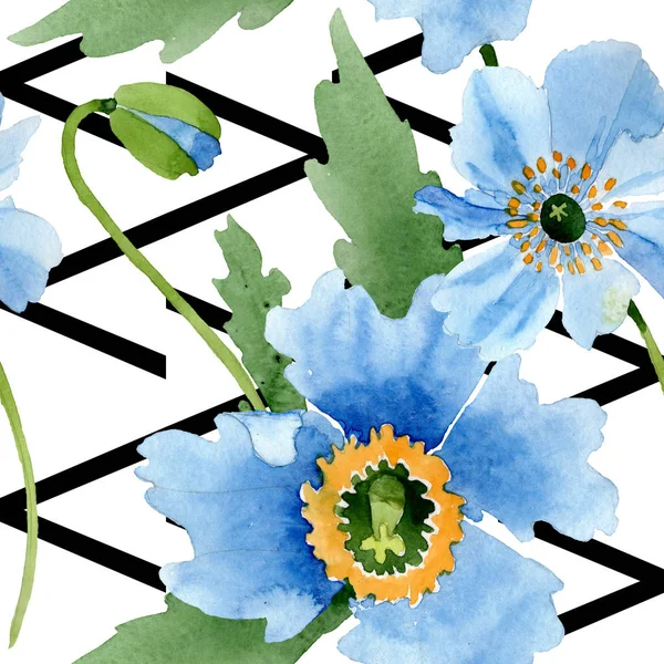 Blue Poppies Leaves Black Lines Isolated White Watercolor Illustration Set — Stock Photo, Image