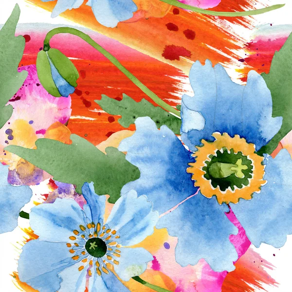 Amapolas Azules Con Hojas Verdes Conjunto Ilustración Acuarela — Foto de Stock