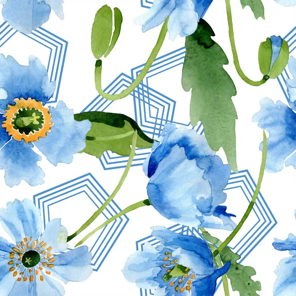 Blue Poppies Leaves Geometric Figures Isolated White Watercolor Illustration Set — Stock Photo, Image