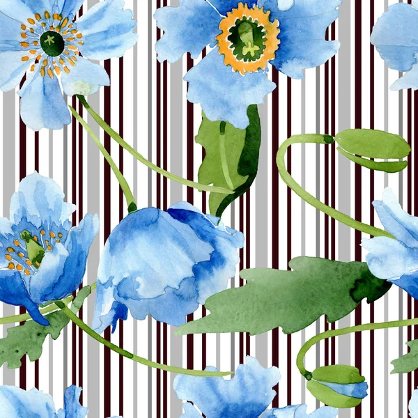 青いケシの葉と白で隔離のストライプ 水彩イラスト セット — ストック写真