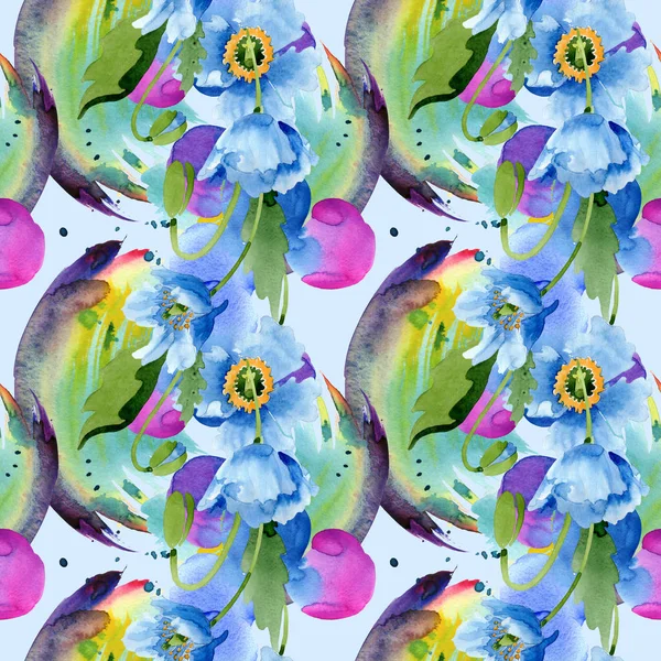 Blauwe Papaver Met Bladeren Toppen Geïsoleerd Blauw Aquarel Illustratie Set — Stockfoto