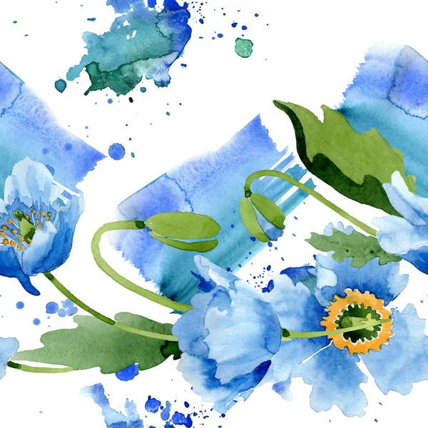 Niebieskie Maki Liści Pąków Białym Tle Zestaw Akwarela Ilustracja — Zdjęcie stockowe