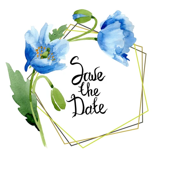 Blue Poppies Leaves Buds Date Lettering Isolated White Watercolor Illustration — Stock Photo, Image