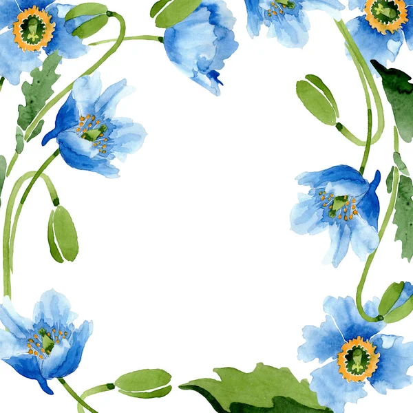 Blue Poppies Leaves Buds Frame Copy Space Isolated White Watercolor — Stock Photo, Image