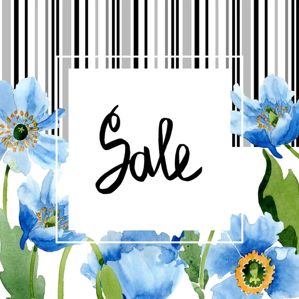 青いケシの花 葉や芽白で隔離枠の販売の文字 水彩イラスト セット — ストック写真