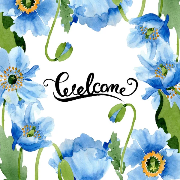 Blue Poppies Leaves Buds Welcome Lettering Isolated White Watercolor Illustration — Stock Photo, Image