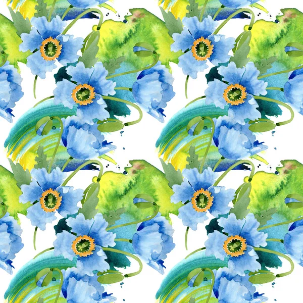 Amapolas Azules Hojas Brotes Aislados Blanco Acuarela Ilustración Fondo Sin — Foto de Stock