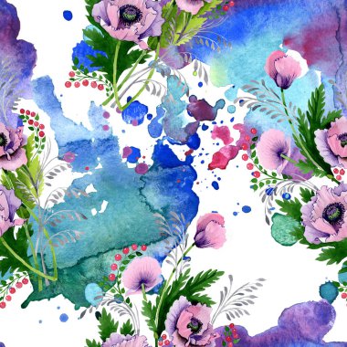 Pembe ve mor haşhaş suluboya resim kümesi. Sorunsuz arka plan deseni. Kumaş duvar kağıdı yazdırma doku.