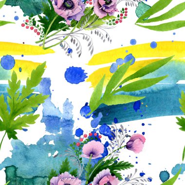 Pembe ve mor haşhaş suluboya resim kümesi. Sorunsuz arka plan deseni. Kumaş duvar kağıdı yazdırma doku.