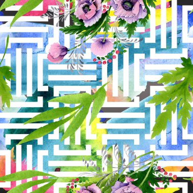 Pembe ve mor haşhaş suluboya resim kümesi. Sorunsuz arka plan deseni. Kumaş duvar kağıdı yazdırma doku.