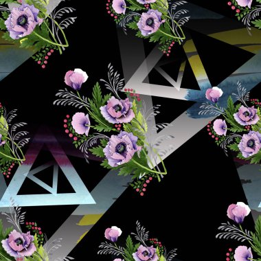 Pembe ve mor haşhaş suluboya resim kümesi. Sorunsuz arka plan deseni. Kumaş duvar kağıdı yazdırma doku.