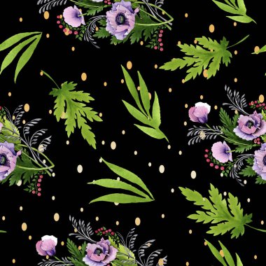 Pembe ve mor haşhaş suluboya resim kümesi. Sorunsuz arka plan deseni. Kumaş duvar kağıdı yazdırma doku.