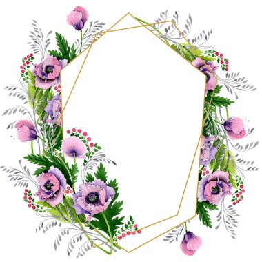 Pembe ve mor haşhaş beyaz izole. Suluboya arka plan illüstrasyon küme. Çerçeve kenarlığı süsleme kopya alanı ile.