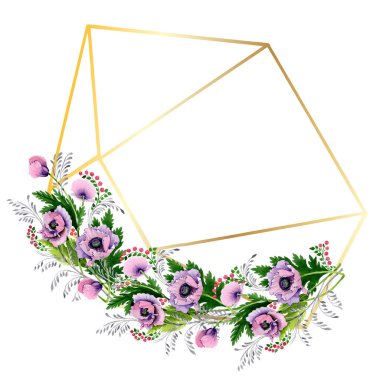 Pembe ve mor haşhaş beyaz izole. Suluboya arka plan illüstrasyon küme. Çerçeve kenarlığı süsleme kopya alanı ile.