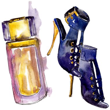 Parfüm ve ayakkabı moda glamour illüstrasyon izole bir suluboya tarzında kroki. Suluboya giyim aksesuarları trendy moda kıyafet ayarlayın. Aquarelle moda kroki için arka plan, doku.