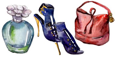 Ayakkabı, parfüm ve çanta moda glamour illüstrasyon izole bir suluboya tarzında kroki. Suluboya giyim aksesuarları trendy moda kıyafet ayarlayın. Aquarelle moda kroki için arka plan, doku.