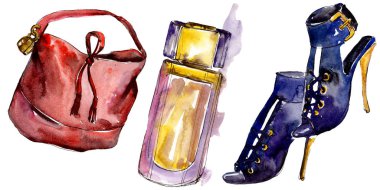 Ayakkabı, parfüm ve çanta moda glamour illüstrasyon izole bir suluboya tarzında kroki. Suluboya giyim aksesuarları trendy moda kıyafet ayarlayın. Aquarelle moda kroki için arka plan, doku.