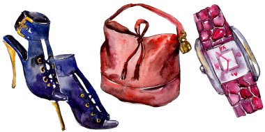 Ayakkabı, saat ve çanta moda glamour illüstrasyon izole bir suluboya tarzında kroki. Suluboya giyim aksesuarları trendy moda kıyafet ayarlayın. Aquarelle moda kroki için arka plan, doku.
