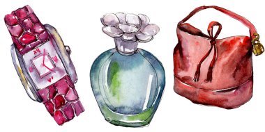 Parfüm, saat ve çanta moda glamour illüstrasyon izole bir suluboya tarzında kroki. Suluboya giyim aksesuarları trendy moda kıyafet ayarlayın. Aquarelle moda kroki için arka plan, doku.