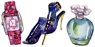 Parfüm, izle ve ayakkabı moda glamour illüstrasyon izole bir suluboya tarzında kroki. Suluboya giyim aksesuarları trendy moda kıyafet ayarlayın. Aquarelle moda kroki için arka plan, doku.