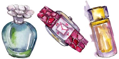 Parfüm ve seyretmek kroki moda glamour illüstrasyon izole bir suluboya tarzında. Suluboya giyim aksesuarları trendy moda kıyafet ayarlayın. Aquarelle moda kroki için arka plan, doku.