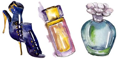 Ayakkabı ve parfüm moda glamour illüstrasyon izole bir suluboya tarzında kroki. Suluboya giyim aksesuarları trendy moda kıyafet ayarlayın. Aquarelle moda kroki için arka plan, doku.