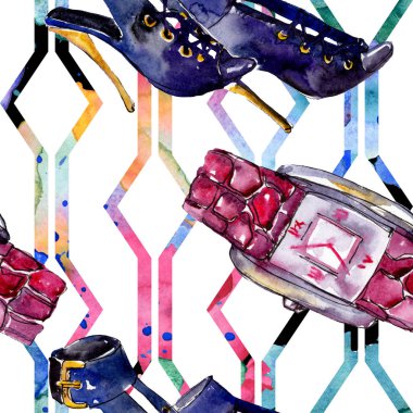 Parfüm, saat, Ayakkabı ve çanta moda glamour illüstrasyon suluboya tarzında bir eskiz. Suluboya giyim aksesuarları trendy moda kıyafet ayarlayın. Aquarelle moda kroki için seamless modeli.