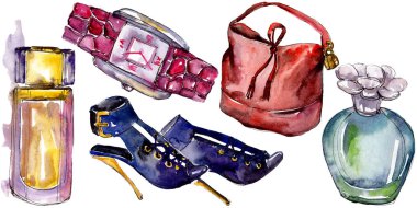 Ayakkabı, saat, parfum ve çanta moda glamour illüstrasyon izole bir suluboya tarzında kroki. Suluboya giyim aksesuarları trendy moda kıyafet ayarlayın. Aquarelle kroki için arka plan, doku.