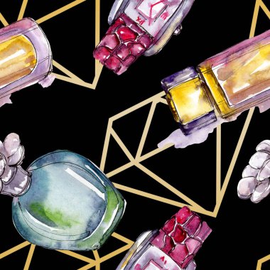 Parfüm, saat, Ayakkabı ve çanta moda glamour illüstrasyon suluboya tarzında bir eskiz. Suluboya giyim aksesuarları trendy moda kıyafet ayarlayın. Aquarelle moda kroki için seamless modeli.