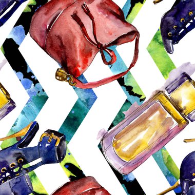 Parfüm, saat, Ayakkabı ve çanta moda glamour illüstrasyon suluboya tarzında bir eskiz. Suluboya giyim aksesuarları trendy moda kıyafet ayarlayın. Aquarelle moda kroki için seamless modeli.