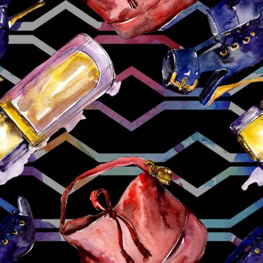 Parfüm, saat, Ayakkabı ve çanta moda glamour illüstrasyon suluboya tarzında bir eskiz. Suluboya giyim aksesuarları trendy moda kıyafet ayarlayın. Aquarelle moda kroki için seamless modeli.