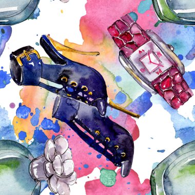 Parfüm, saat, Ayakkabı ve çanta moda glamour illüstrasyon suluboya tarzında bir eskiz. Suluboya giyim aksesuarları trendy moda kıyafet ayarlayın. Aquarelle moda kroki için seamless modeli.