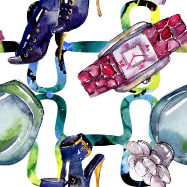 Parfüm, saat, Ayakkabı ve çanta moda glamour illüstrasyon suluboya tarzında bir eskiz. Suluboya giyim aksesuarları trendy moda kıyafet ayarlayın. Aquarelle moda kroki için seamless modeli.