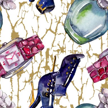 Parfüm, saat, Ayakkabı ve çanta moda glamour illüstrasyon suluboya tarzında bir eskiz. Suluboya giyim aksesuarları trendy moda kıyafet ayarlayın. Aquarelle moda kroki için seamless modeli.