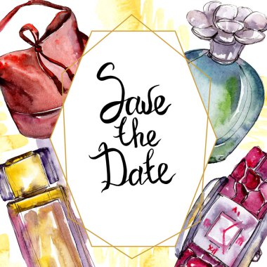 Parfüm, saat, Ayakkabı ve çanta moda glamour illüstrasyon suluboya tarzında bir eskiz. Suluboya giyim aksesuarları trendy moda kıyafet ayarlayın. Aquarelle kroki için arka plan, çerçeve veya kenarlık.