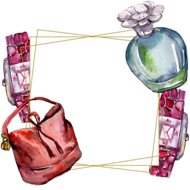 Parfüm, saat, Ayakkabı ve çanta moda glamour illüstrasyon suluboya tarzında bir eskiz. Suluboya giyim aksesuarları trendy moda kıyafet ayarlayın. Aquarelle kroki için arka plan, çerçeve veya kenarlık.