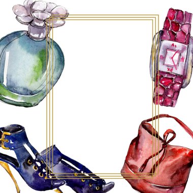Parfüm, saat, Ayakkabı ve çanta moda glamour illüstrasyon suluboya tarzında bir eskiz. Suluboya giyim aksesuarları trendy moda kıyafet ayarlayın. Aquarelle kroki için arka plan, çerçeve veya kenarlık.