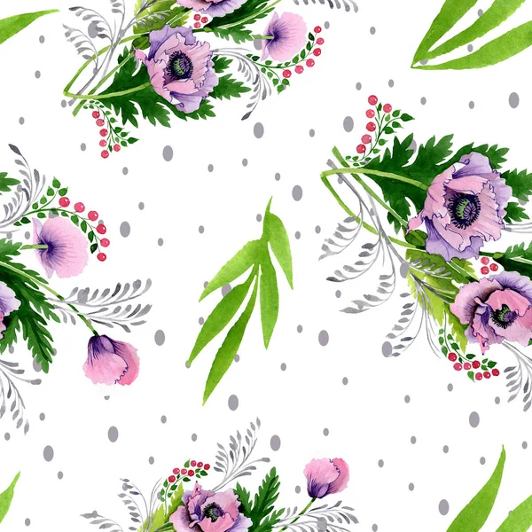 Pink Purple Poppies Watercolor Illustration Set Seamless Background Pattern Fabric — Stock Photo, Image