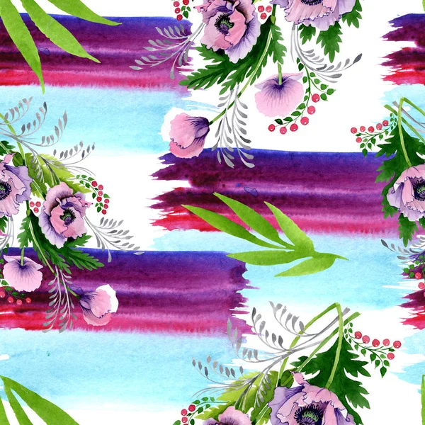 粉红色和紫色罂粟水彩插图集 无缝的背景模式 织物壁纸打印纹理 — 图库照片