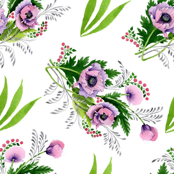 Růžové Fialové Máků Sada Akvarel Ilustrace Vzor Bezešvé Pozadí Fabric — Stock fotografie