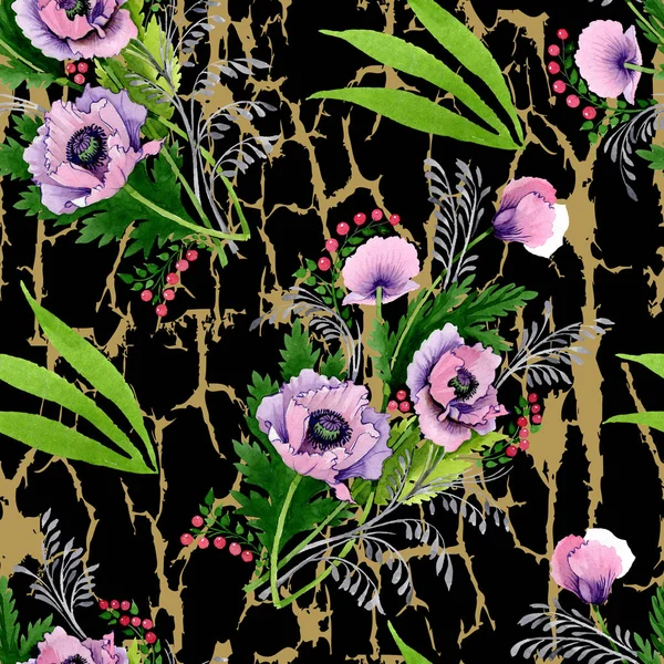 Pink Purple Poppies Watercolor Illustration Set Seamless Background Pattern Fabric — Stock Photo, Image