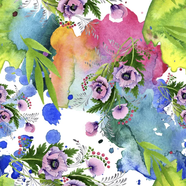 Ensemble Illustration Aquarelle Coquelicots Roses Violets Modèle Fond Sans Couture — Photo