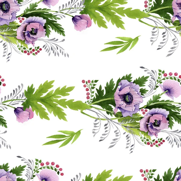 Pink Purple Poppies Watercolor Illustration Set Seamless Background Pattern Fabric — Stock Photo, Image