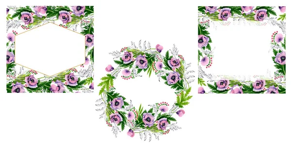 Różowe Fioletowe Maki Białym Tle Zestaw Ilustracji Tle Akwarela Ornament — Zdjęcie stockowe