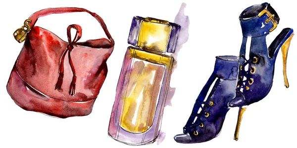 Cipő Parfüm Táska Vázlat Elszigetelt Akvarell Stílusú Divat Glamour Illusztráció — Stock Fotó