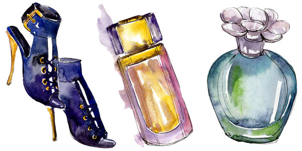 Shoes and parfume sketch fashion glamour illustration in a watercolor style isolated. Watercolour clothes accessories set trendy vogue outfit. Aquarelle fashion sketch for background, texture.