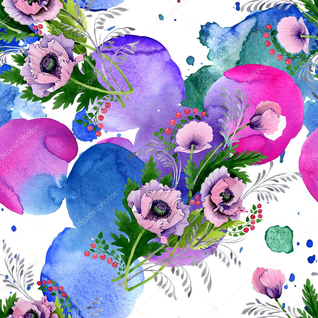 Pink and purple poppies watercolor illustration set. Seamless background pattern. Fabric wallpaper print texture.