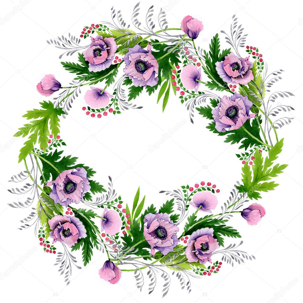 Pink and purple poppies isolated on white. Watercolor background illustration set. Frame border ornament with copy space.