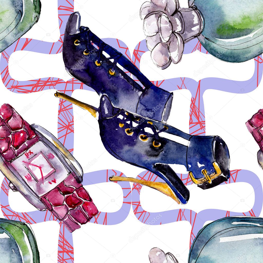 Parfume, watch, shoes and bag sketch fashion glamour illustration in a watercolor style. Watercolour clothes accessories set trendy vogue outfit. Aquarelle fashion sketch for seamless pattern.