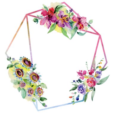 Buketler botanik çiçek. Vahşi bahar yaprak izole kır çiçeği. Suluboya arka plan illüstrasyon küme. Suluboya çizim moda aquarelle izole. Çerçeve kenarlığı süsleme Meydanı.